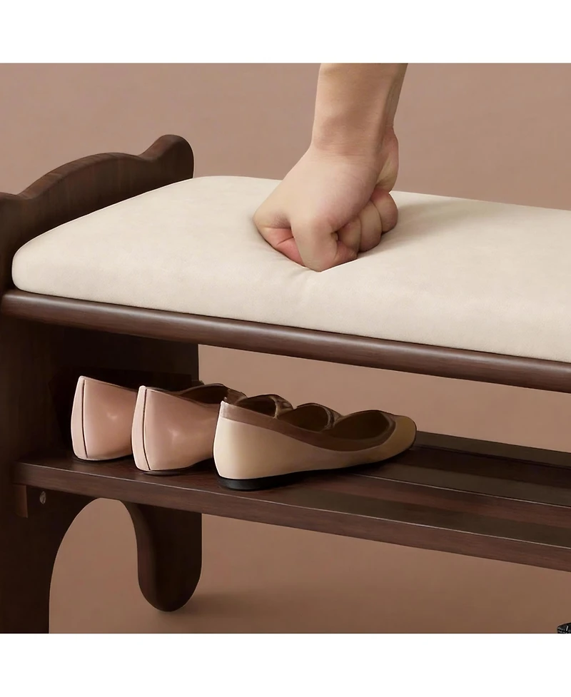 Rainsken Shoe Storage Bench, 2-Tier Wooden Entryway Bench with Faux Leather Cushion, Shoe Rack for Hallway, Living Room