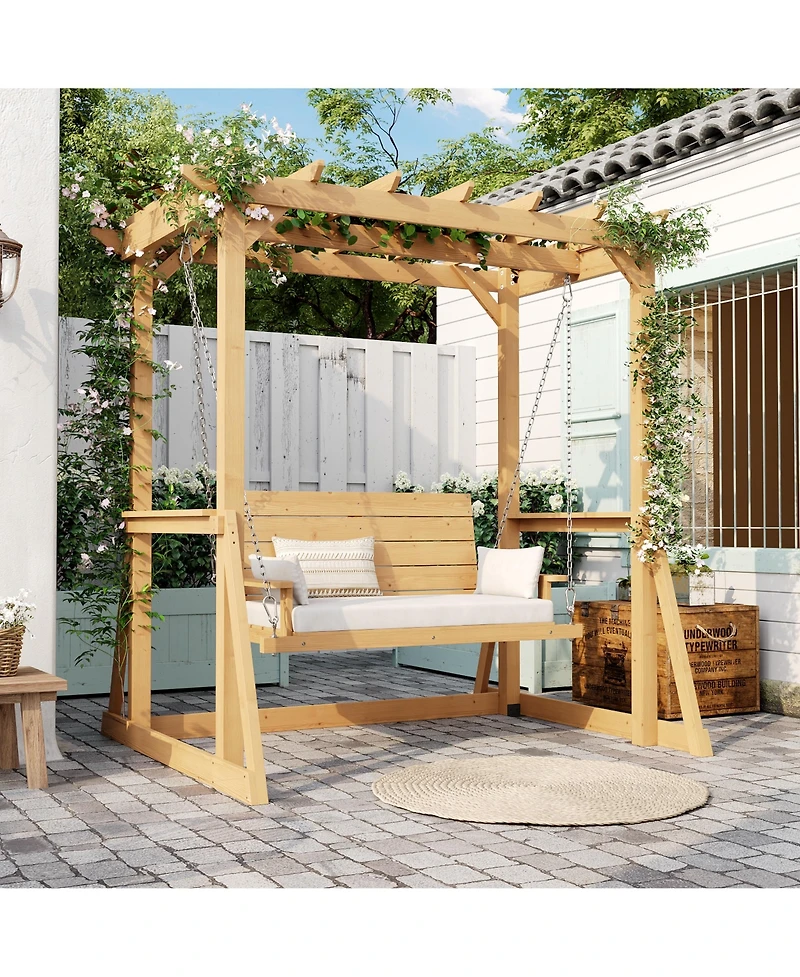 Homsee Solid Wood Pavilion Style Swing Chair, Garden Swing, Porch Swing