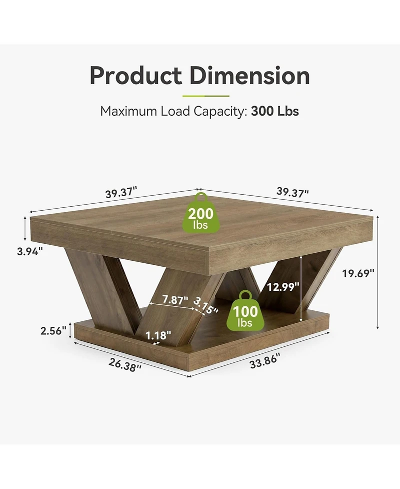 Tribesigns 2-Tier Rustic Wood Coffee Table, Farmhouse Square Coffee Table with Large Storage Shelf