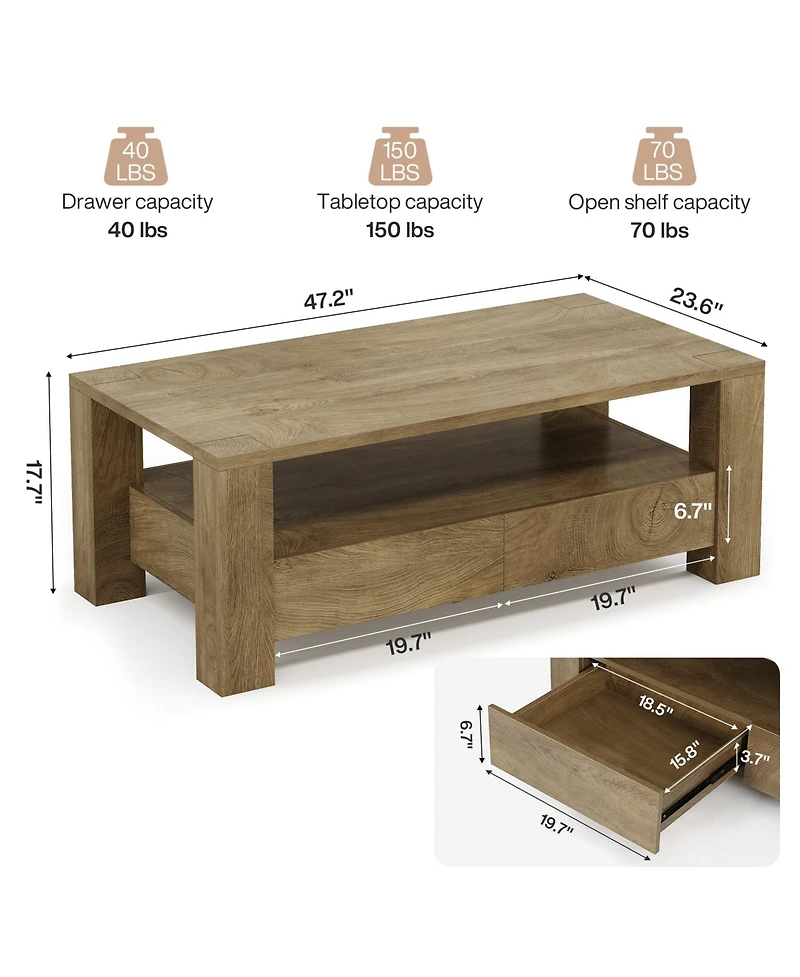 Tribesigns 47" Rectangle Coffee Table with 2 Drawers and Open Shelf, Farmhouse Wood Living Room Center Tea Table