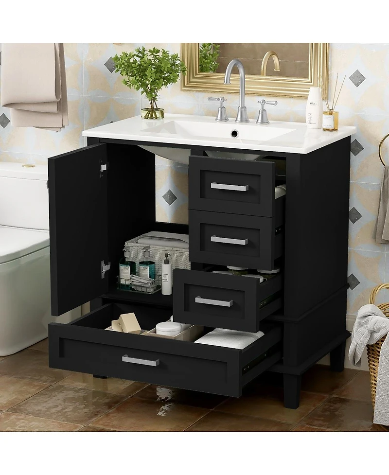 Sillysis Sage Green Bathroom Vanity with Ceramic Sink, Freestanding Solid Wood Mdf Cabinet, 3 Drawers Soft Close Door for Small Bathrooms