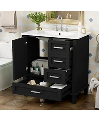 Sillysis Sage Green Bathroom Vanity with Ceramic Sink, Freestanding Solid Wood Mdf Cabinet, 3 Drawers Soft Close Door for Small Bathrooms