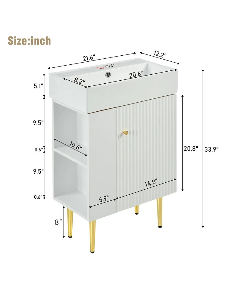 Sillysis 22" Modern Freestanding Bathroom Vanity with Ceramic Sink, Side Storage Cabinet, Soft Close Door for Small Spaces