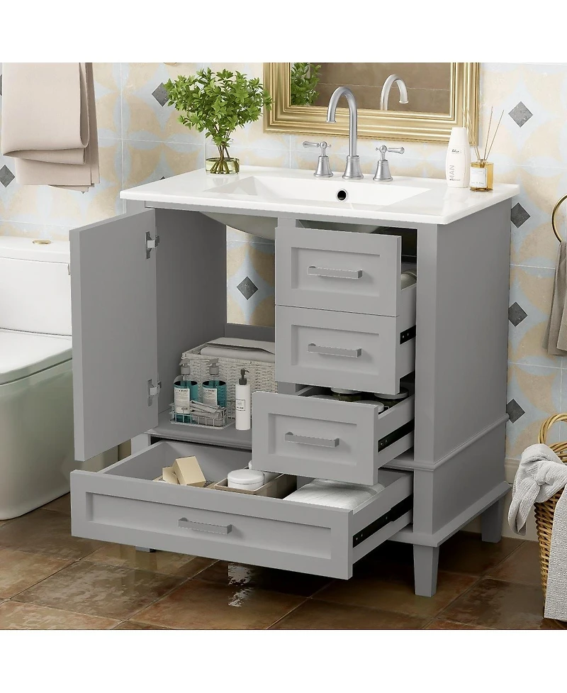 Sillysis Sage Green Bathroom Vanity with Ceramic Sink, Freestanding Solid Wood Mdf Cabinet, 3 Drawers Soft Close Door for Small Bathrooms