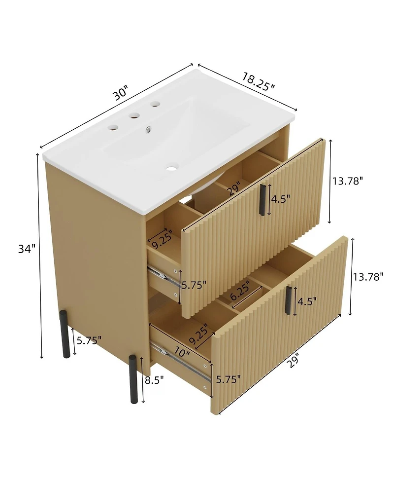 Sillysis Bathroom Vanity with Sink, Modern Fluted Mdf Cabinet, Soft Close Full-Extension Drawers for Small Spaces