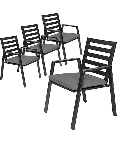 LeisureMod Chelsea Outdoor Dining Armchair Set of 4, Modern Patio Chair with Aluminum Frame, Weather Resistant Uv-Protected Cushions Olefin Fabric
