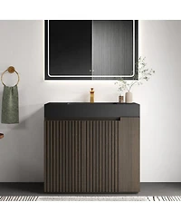Sillysis Modern Bathroom Vanity with Quartz Sink, Soft-Close Doors, Open Shelf Storage, Winston Mid-Century Fluted Cabinet