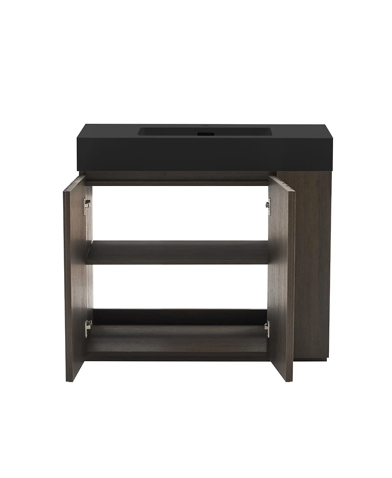 Sillysis Modern Bathroom Vanity with Quartz Sink, Soft-Close Doors, Open Shelf Storage, Winston Mid-Century Fluted Cabinet