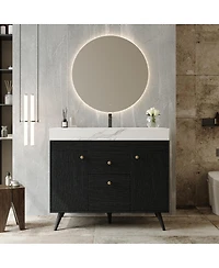Sillysis Walnut Freestanding Bathroom Vanity with Sintered Stone Top, Ceramic Sink, Soft Close Storage, Stainless Steel Legs-Sillysis