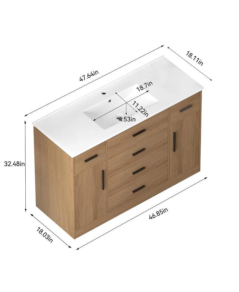 Sillysis 48" Light Oak Bathroom Vanity with Resin Top, 6 Drawers and 2 Soft Close Doors, Transitional Storage for Modern