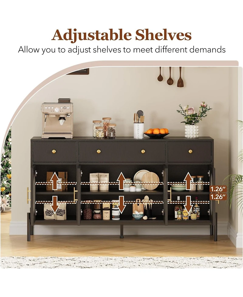 gaomon 62" Modern Sideboard Buffet Cabinet - Large Storage Console Table with Adjustable Shelves and 3 Drawers and 3 Glass Doors for Dining Room