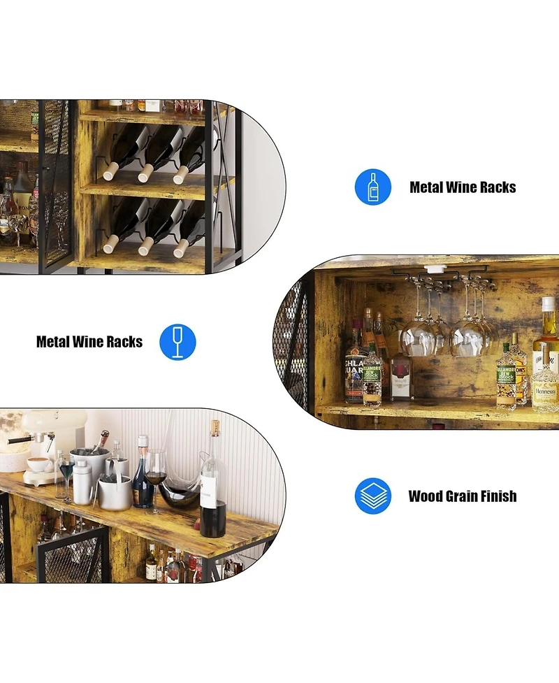 gaomon 55" Wine Bar Cabinet with Led Light, Modern Liquor Cabinet Station with Wine Rack and Mesh Door, Kitchen Sideboard Buffet Cabinet.