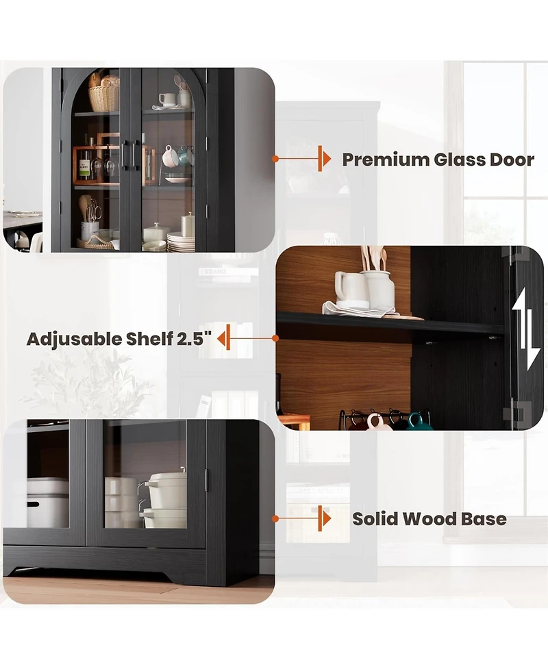 gaomon Kitchen Pantry Cabinet - 70" Tall Storage Cabinet with 4 Arched Glass Doors and Adjustable Shelves