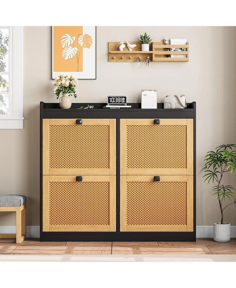 gaomon Shoe Cabinet with 4 Deep Flip Drawers, Freestanding Wooden Shoe Storage Cabinet with Rattan Door and 3-Tier Adjustable Shelves