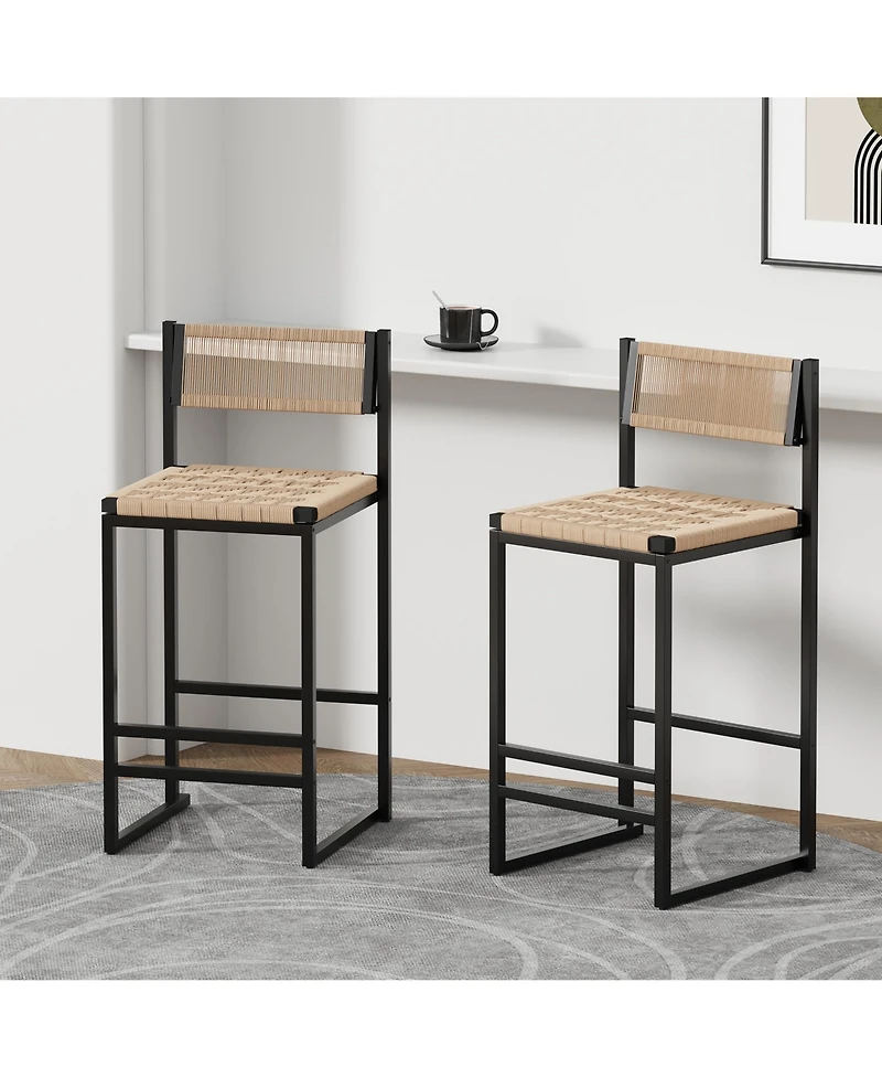 Rainsken Paper Rope Woven Bar Stools Set of 2, 25'' Counter Height Chairs with Back, Footrest for Kitchen Island, Home Pub, Honey