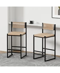 Rainsken Paper Rope Woven Bar Stools Set of 2, 25'' Counter Height Chairs with Back, Footrest for Kitchen Island, Home Pub, Honey