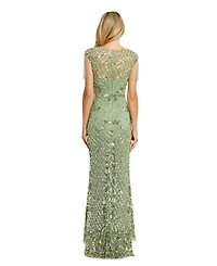 Mac Duggal Petite Beaded Fringe High-Neck Fitted Evening Gown