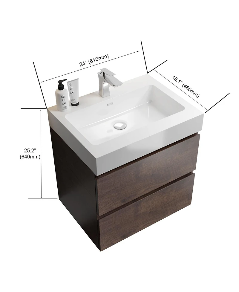 Sillysis 24" Modern Walnut Floating Bathroom Vanity with Sink, Wall Mounted Design with Large Storage, Pre Assembled, No Faucet