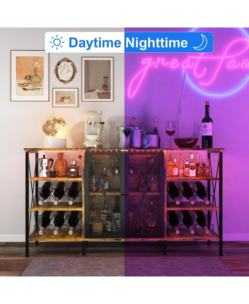 gaomon Farmhouse Wine Bar Cabinet with Wine Rack and Glass Holder, Industry Coffee Bar with Led Light, Metal Sideboard and Liquor Table Cabinet,Mesh