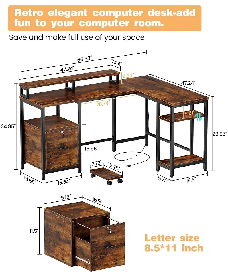 gaomon 67" L Shaped Computer DeskPc Desk Gaming Desk with File Drawer, with Power Outlet, 2 Monitor Stands, Adjustable Storage Shelf, Writing Desk