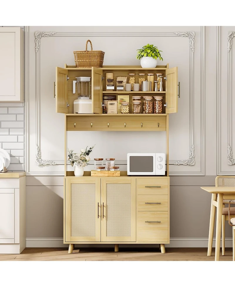 gaomon 71 in Tall Kitchen Pantry Cabinet with Microwave Shelf, Rattan Freestanding Storage Cabinet with 3 Drawers, Adjustable Shelves and 6 Hooks