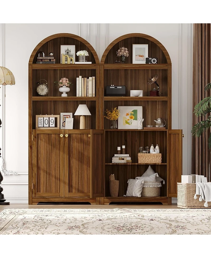 gaomon 72" Tall Wood Arched Storage Cabinet - 5-Shelf Kitchen Pantry with Doors & Open Shelves, Versatile Standing Bookcase Cupboard