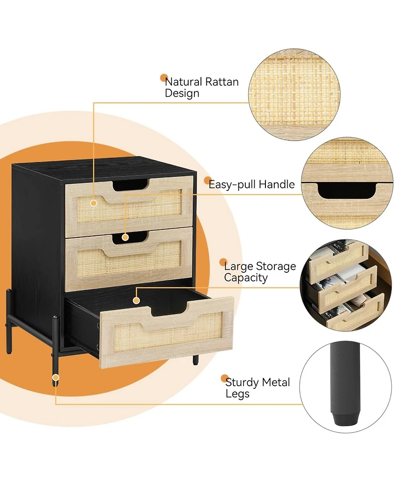 gaomon Nightstand, Rattan End Table, Nightstands with 3 Rattan Drawers, Strong Support Wooden Structure, Side Table with Storage Drawers