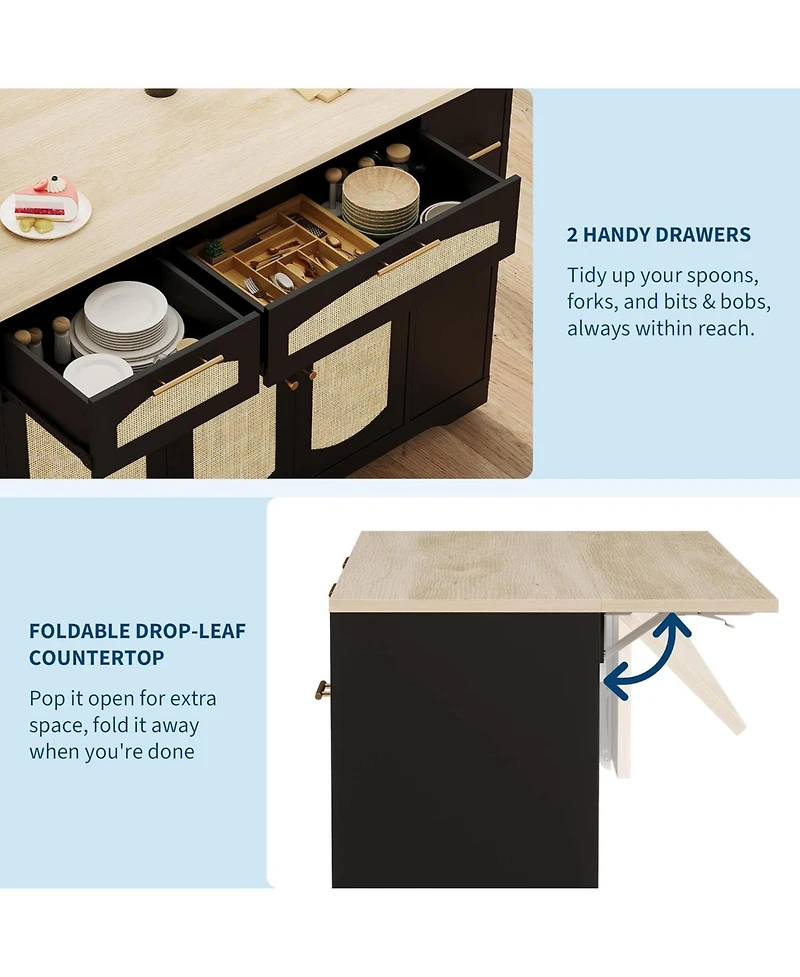 gaomon Rattan Rolling Kitchen Island Table on Wheels with Drop Leaf, Tilt Out Trash Can Cabinet 2 Door, Storage Cabinet, Drawer, Spice Rack