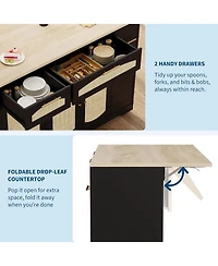 gaomon Rattan Rolling Kitchen Island Table on Wheels with Drop Leaf, Tilt Out Trash Can Cabinet 2 Door, Storage Cabinet, Drawer, Spice Rack