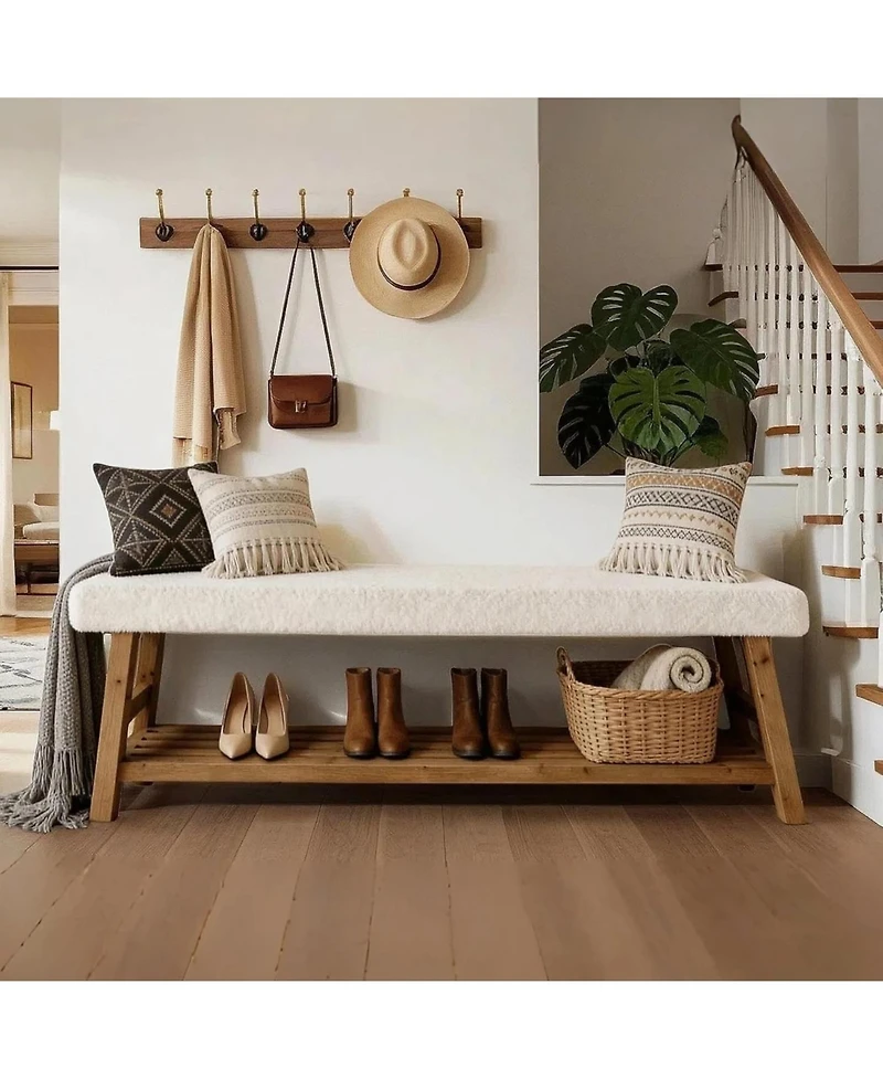 Tribesigns Upholstered Entryway Bench, 2-Tier Solid Wood Shoe Bench with Cushion and Storage, Modern End of Bed Seating