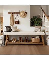 Tribesigns Upholstered Entryway Bench, 2-Tier Solid Wood Shoe Bench with Cushion and Storage, Modern End of Bed Seating