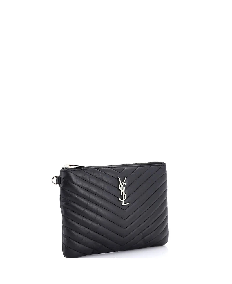 Pre-Owned Saint Laurent Small Classic Monogram Wristlet Pouch Matelasse Chevron Leather