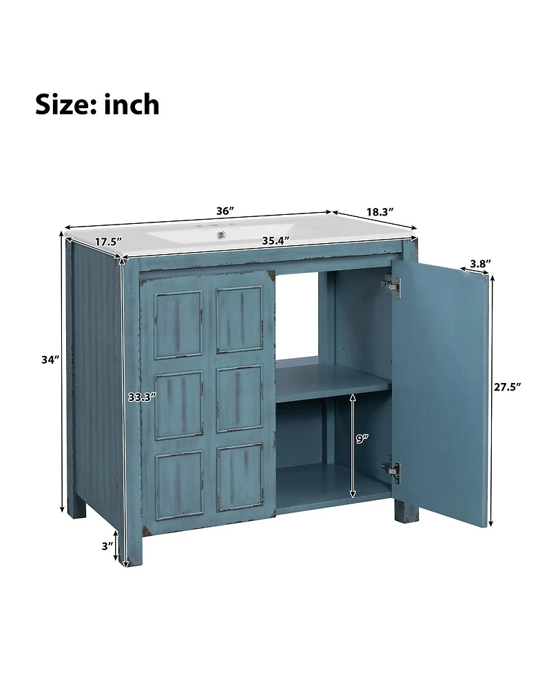 Sillysis 36" Retro Bathroom Vanity with Ceramic Sink, Solid Wood Frame and Soft Close Doors, Spacious Storage Cabinet for Modern Bathrooms.