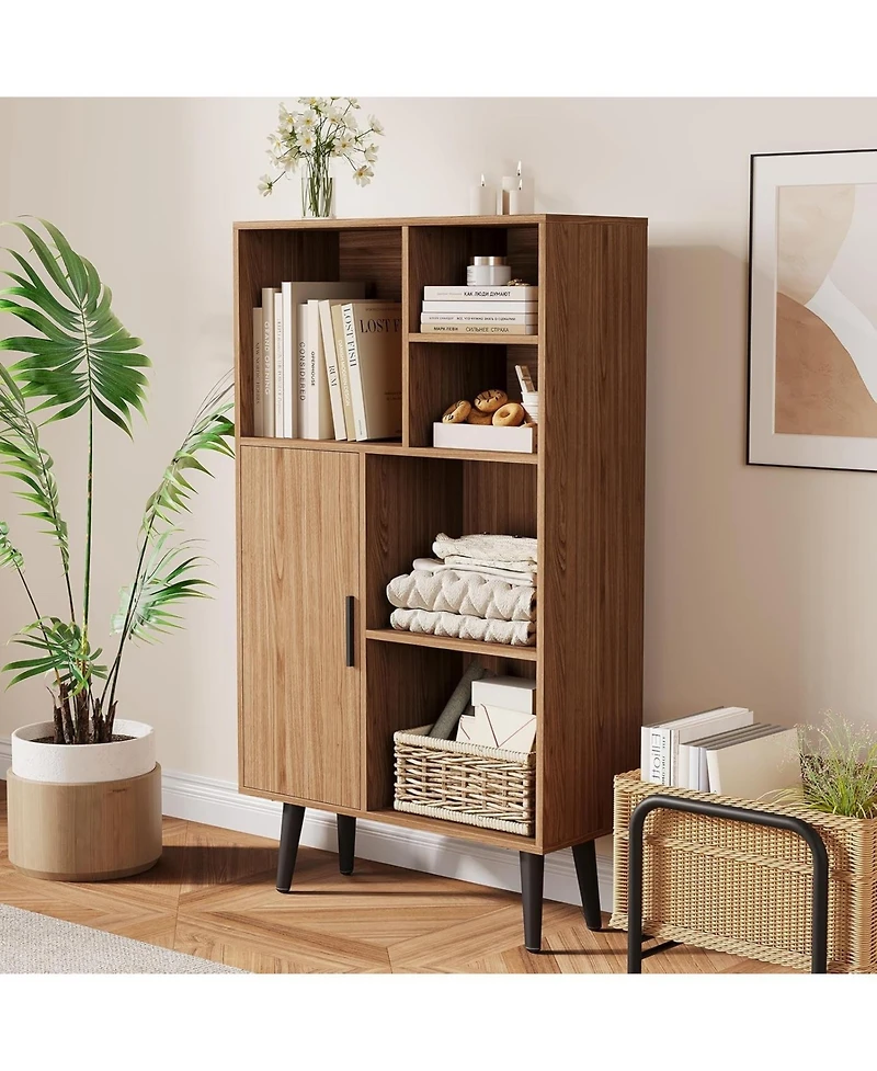 gaomon 4-Tier Mid-Century Small Wooden Bookcase with Legs and Door, Freestanding Cube Storage