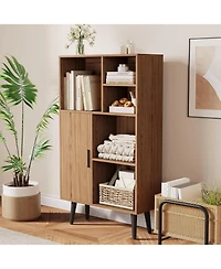 gaomon 4-Tier Mid-Century Small Wooden Bookcase with Legs and Door, Freestanding Cube Storage