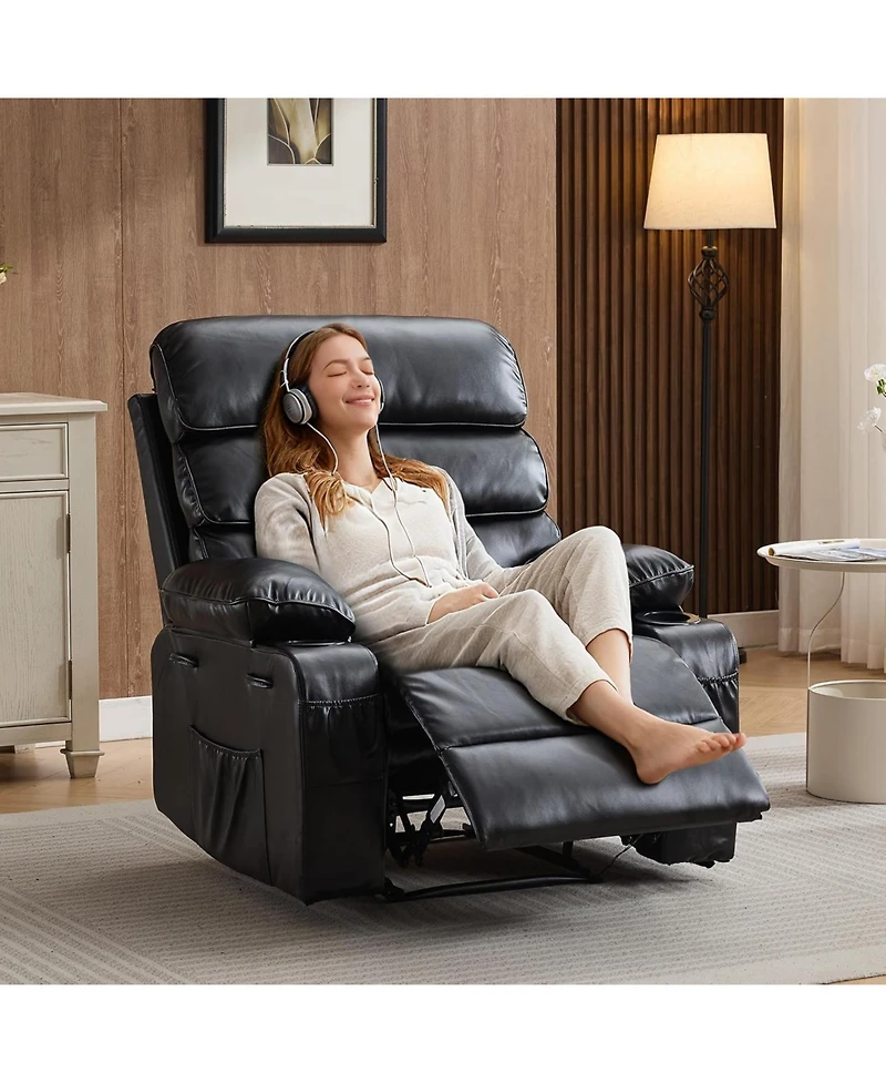 gaomon Pu Leather Recliner: Extra-wide manual recliner with massage, heat, and 1.5× plush arm/back support for ultimate living-room comfort.