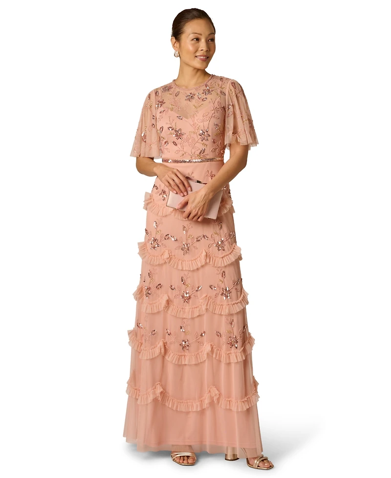Adrianna Papell Petite Crew Neck Ruffle Detail Maxi Dress