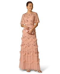 Adrianna Papell Petite Crew Neck Ruffle Detail Maxi Dress