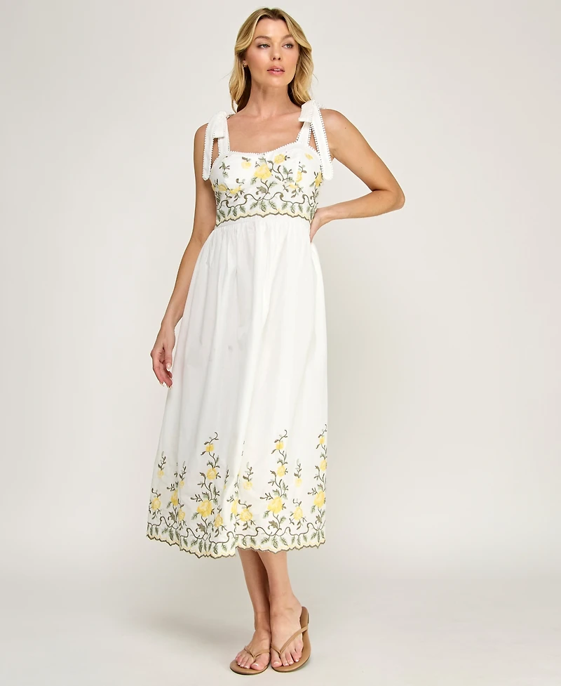 Row A Juniors' Tie-Shoulder Straps Embroidered Slim Sweetheart Neck Midi Dress