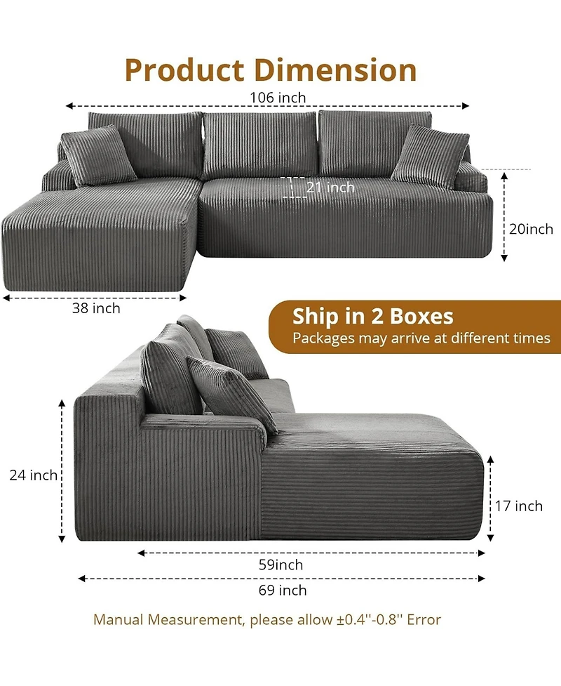 gaomon 106-Inch Modular Sectional Couch with L-Shape- Modern Corduroy Loveseat
