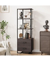 gaomon Modern 3-Tier Industrial Bookcase with 2 Storage Drawers, Wood and Metal Standing Shelf