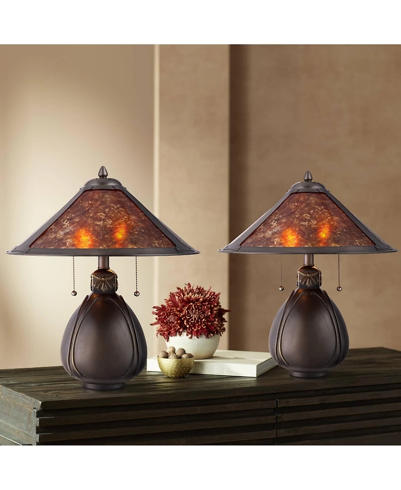 Robert Louis Tiffany Traditional Accent Table Lamps 19 High Set of 2 Bronze Pottery Mica Shade for Bedroom Bedside Office