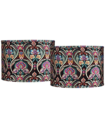 Springcrest Set of 2 Drum Print Lamp Shades Bohemian Medium 15" Top x 15" Bottom x 11" High Spider Harp Finial Fitting