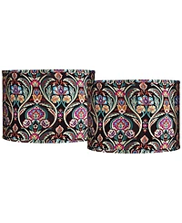 Springcrest Set of 2 Drum Print Lamp Shades Bohemian Medium 15" Top x 15" Bottom x 11" High Spider Harp Finial Fitting