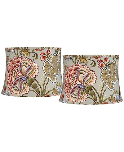 Springcrest Set of 2 Drum Print Lamp Shades Sage Green Medium 14" Top x 16" Bottom x 11.5" High Spider Harp and Finial Fitting