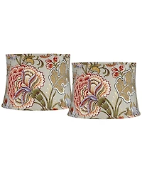 Springcrest Set of 2 Drum Print Lamp Shades Sage Green Medium 14" Top x 16" Bottom x 11.5" High Spider Harp and Finial Fitting
