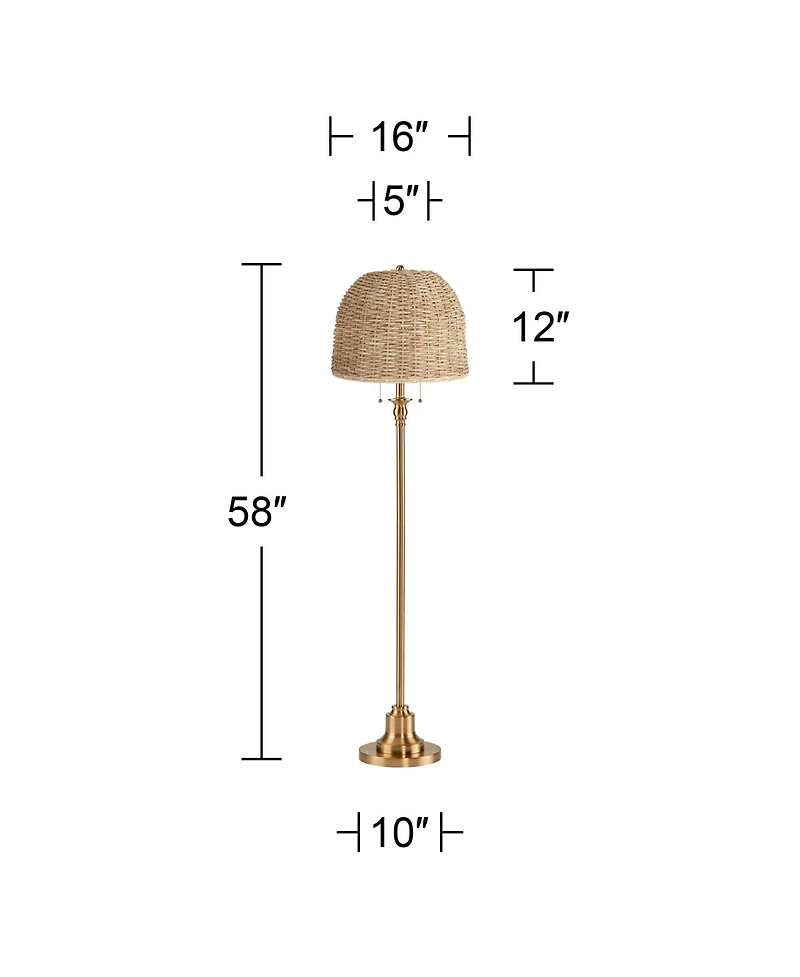360 Lighting Dyna 58"H Antique Brass and Woven Rattan Shade 2-Light Floor Lamp