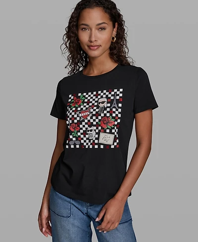 Karl Lagerfeld Paris Women's Checkboard Logo Crewneck Motif Top