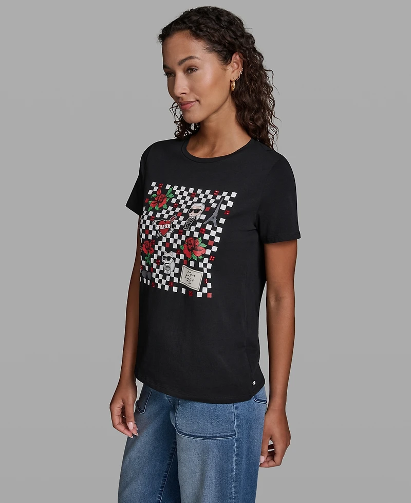 Karl Lagerfeld Paris Women's Checkboard Logo Crewneck Motif Top