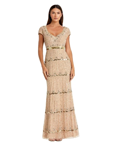 Mac Duggal Women's Petite Beaded Sweetheart Cap Sleeve Tiered Gown